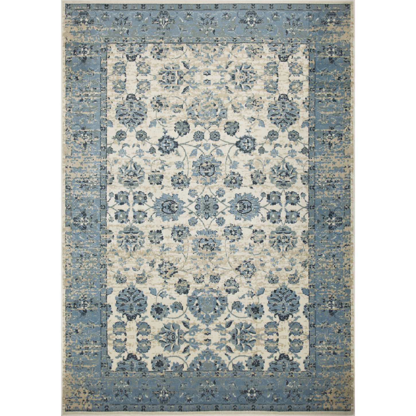 2 x 8 Blue Ivory Distressed Oriental Runner Rug