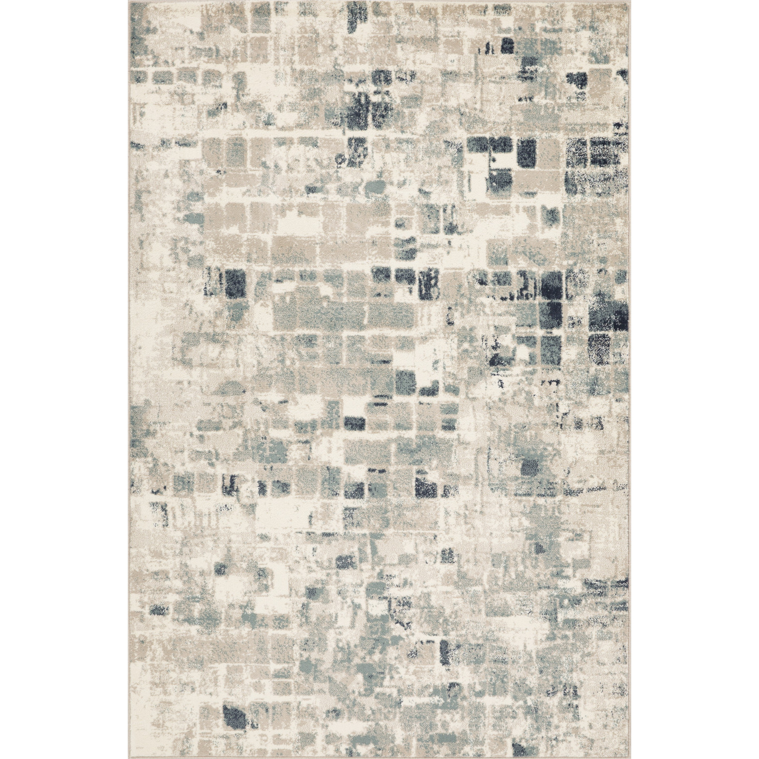 8 x 11 Beige Blue Abstract Tiles Distressed Area Rug