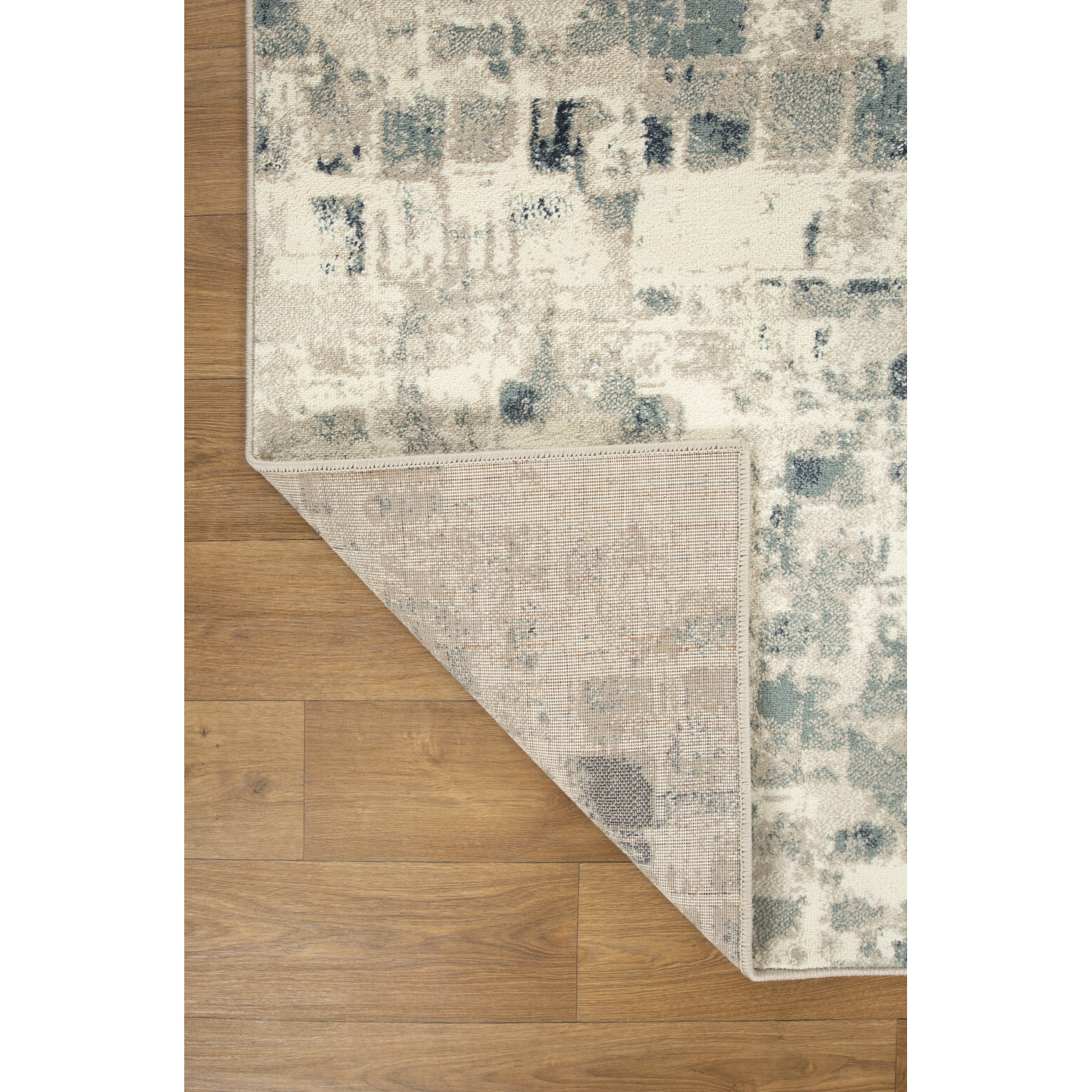 8 x 11 Beige Blue Abstract Tiles Distressed Area Rug