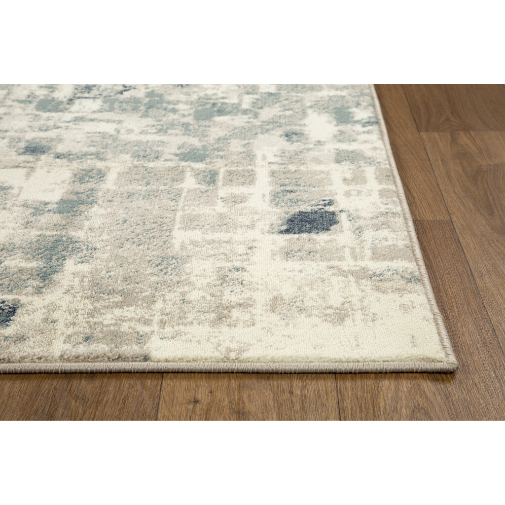 8 x 11 Beige Blue Abstract Tiles Distressed Area Rug