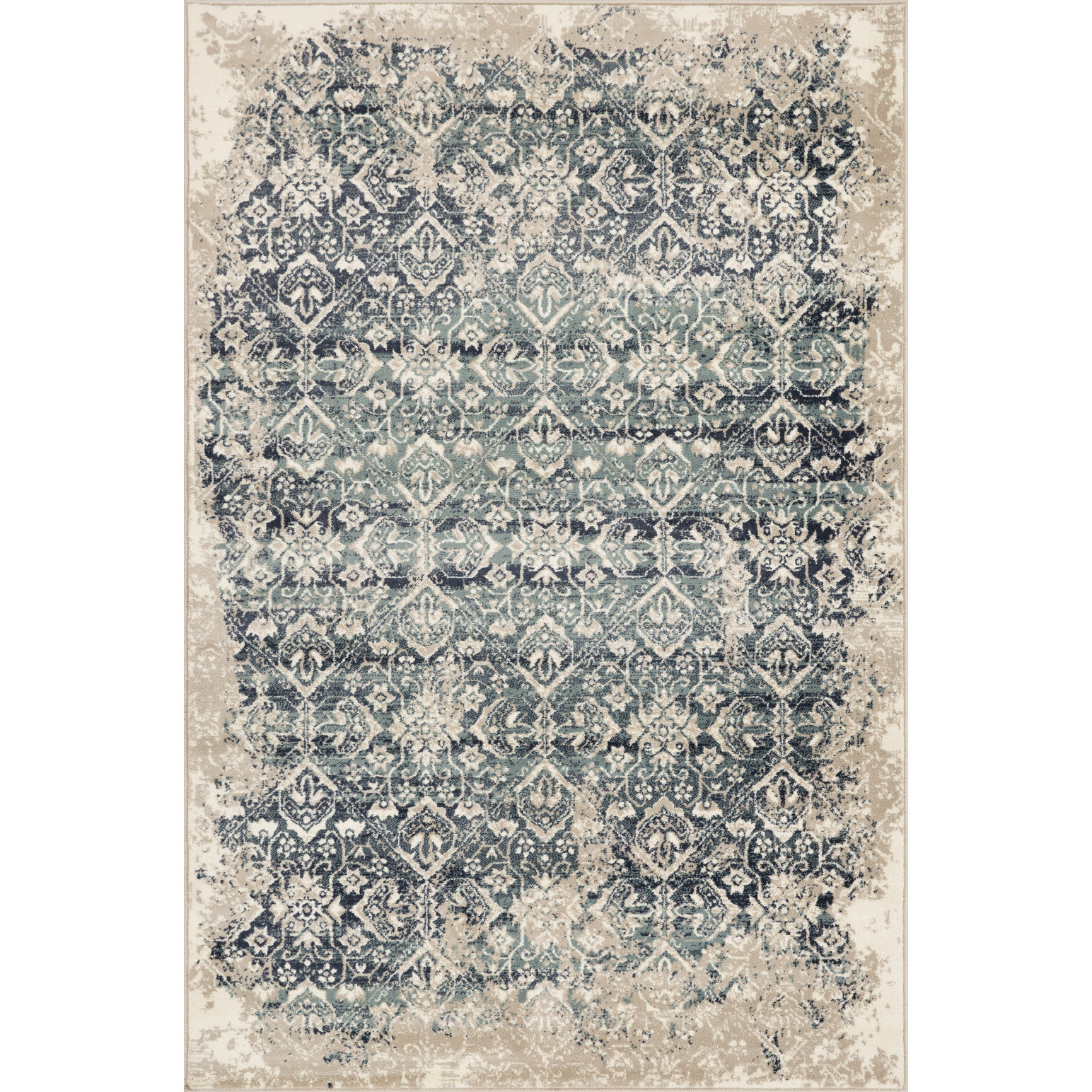 2 x 8 Beige Blue Distressed Diamonds Runner Rug