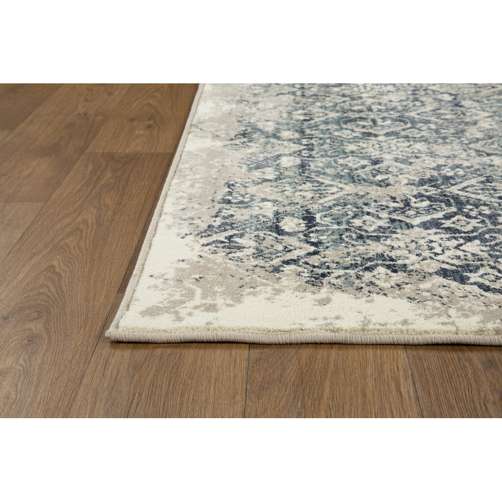 2 x 8 Beige Blue Distressed Diamonds Runner Rug