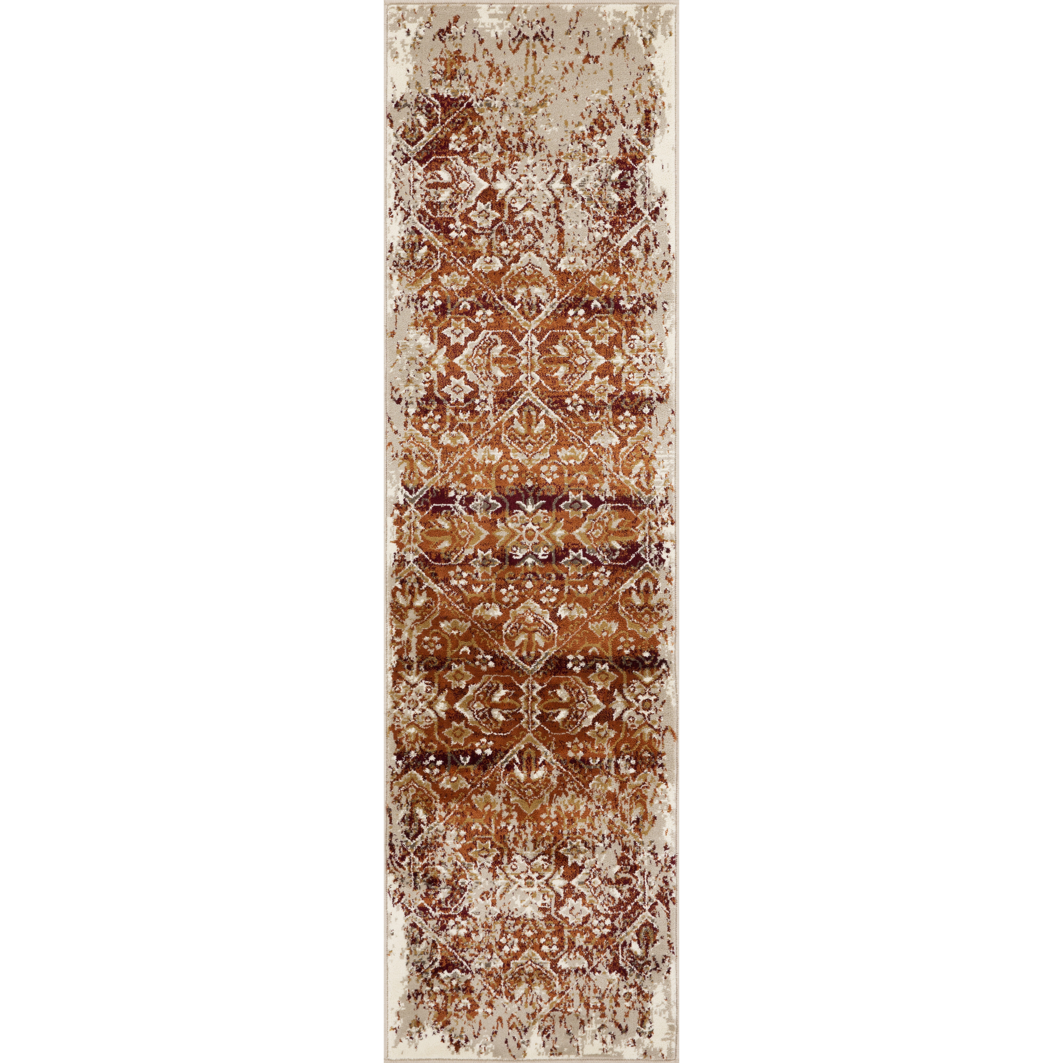 2 x 8 Rust Ivory Distressed Diamonds Runner Rug