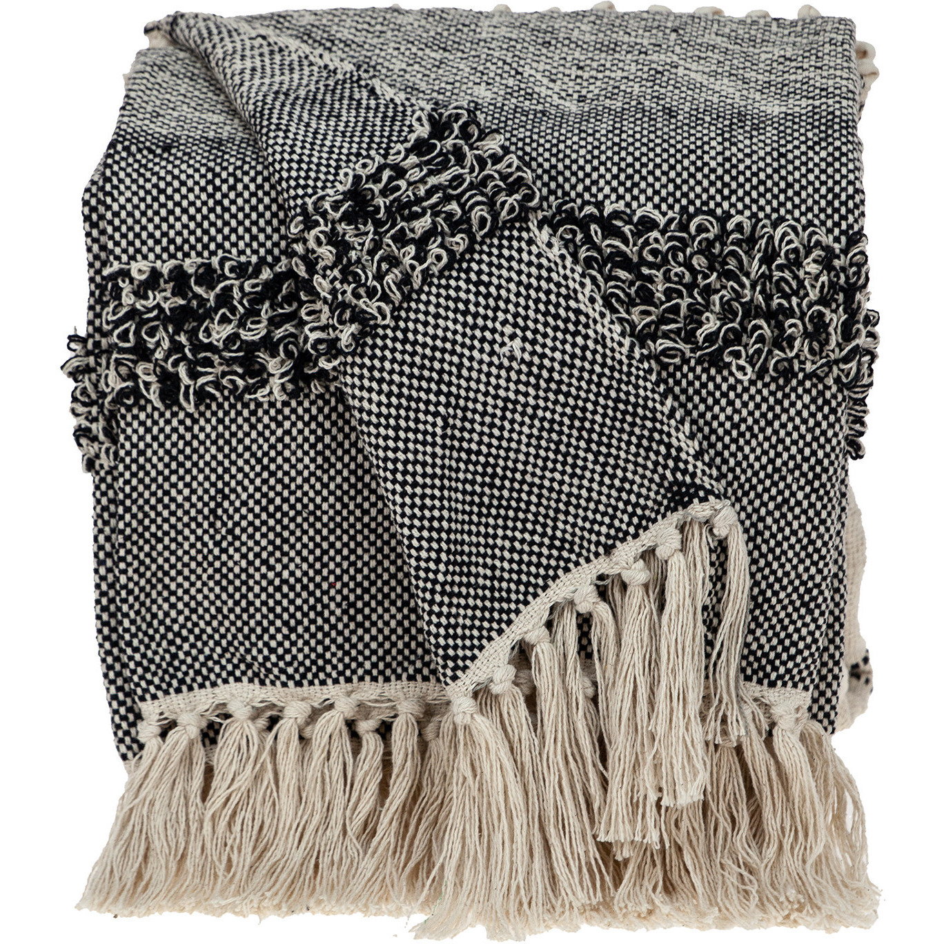 Boho Beige and Black Handloom Weave Throw with Decorative Tassels