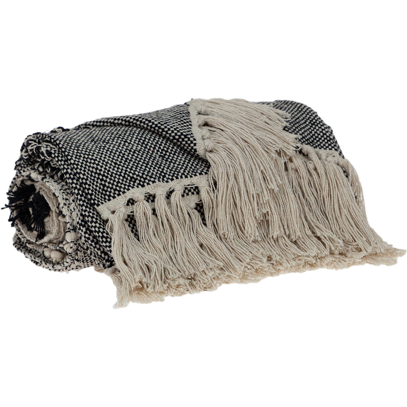 Boho Beige and Black Handloom Weave Throw with Decorative Tassels
