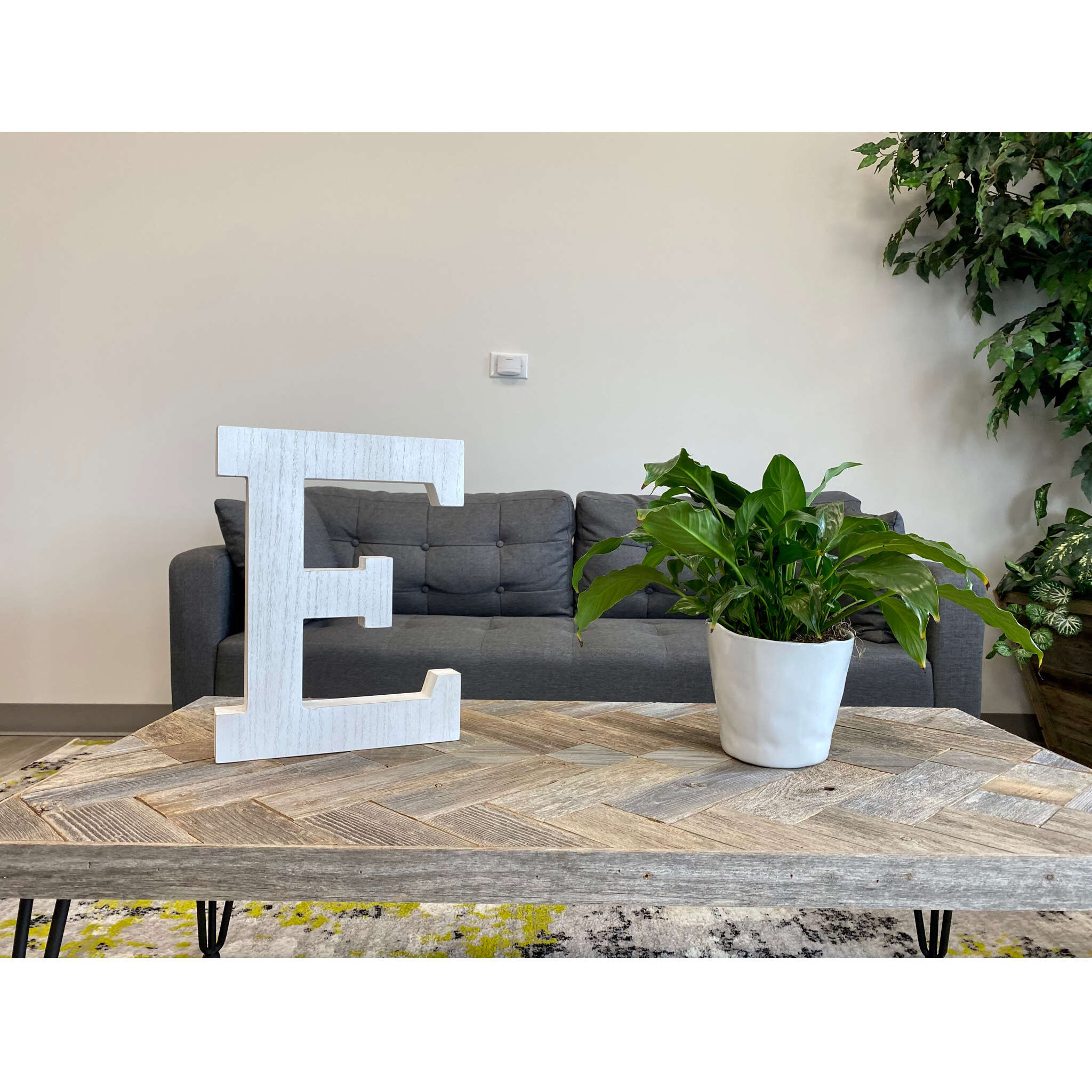 16" Distressed White Wash Wooden Initial Letter E Sculpture