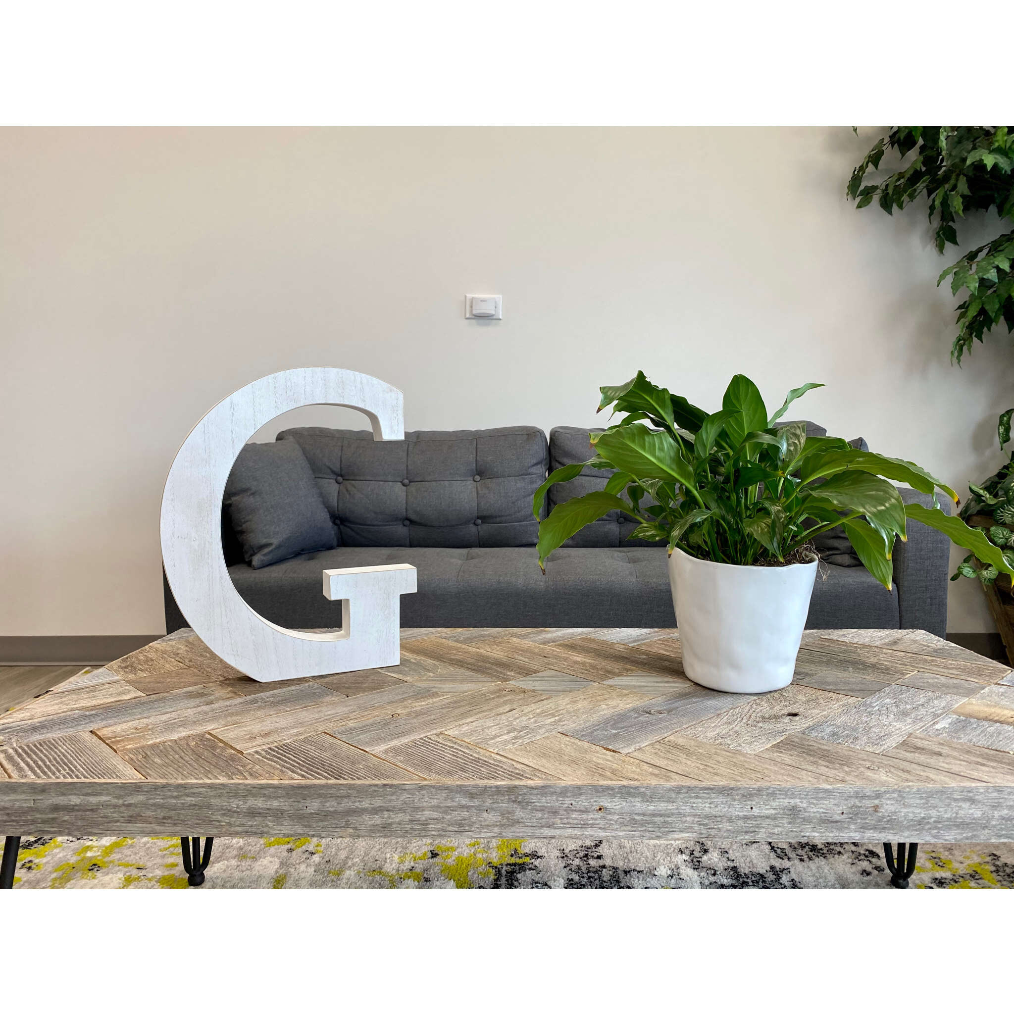 16" Distressed White Wash Wooden Initial Letter G Sculpture