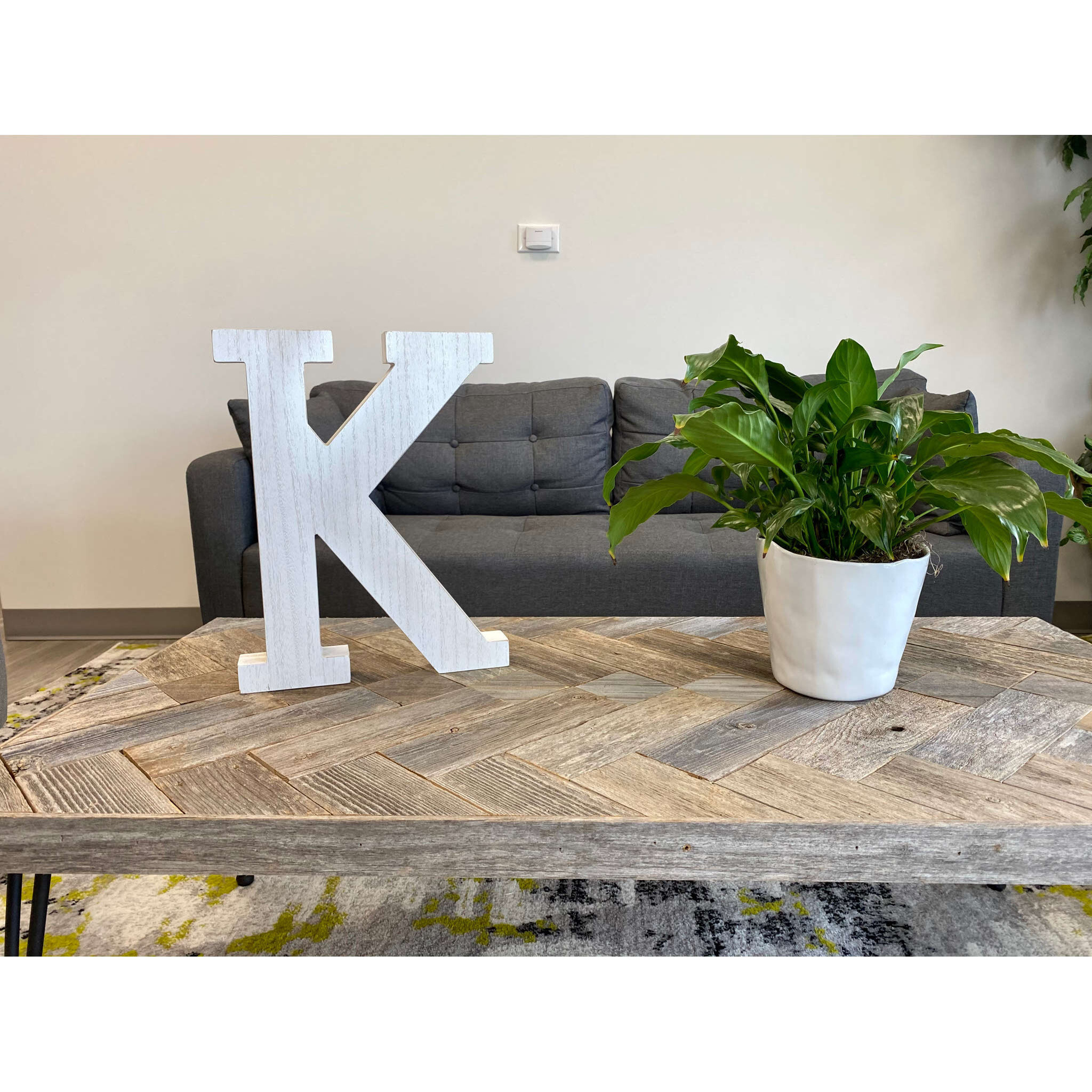 16" Distressed White Wash Wooden Initial Letter K Sculpture