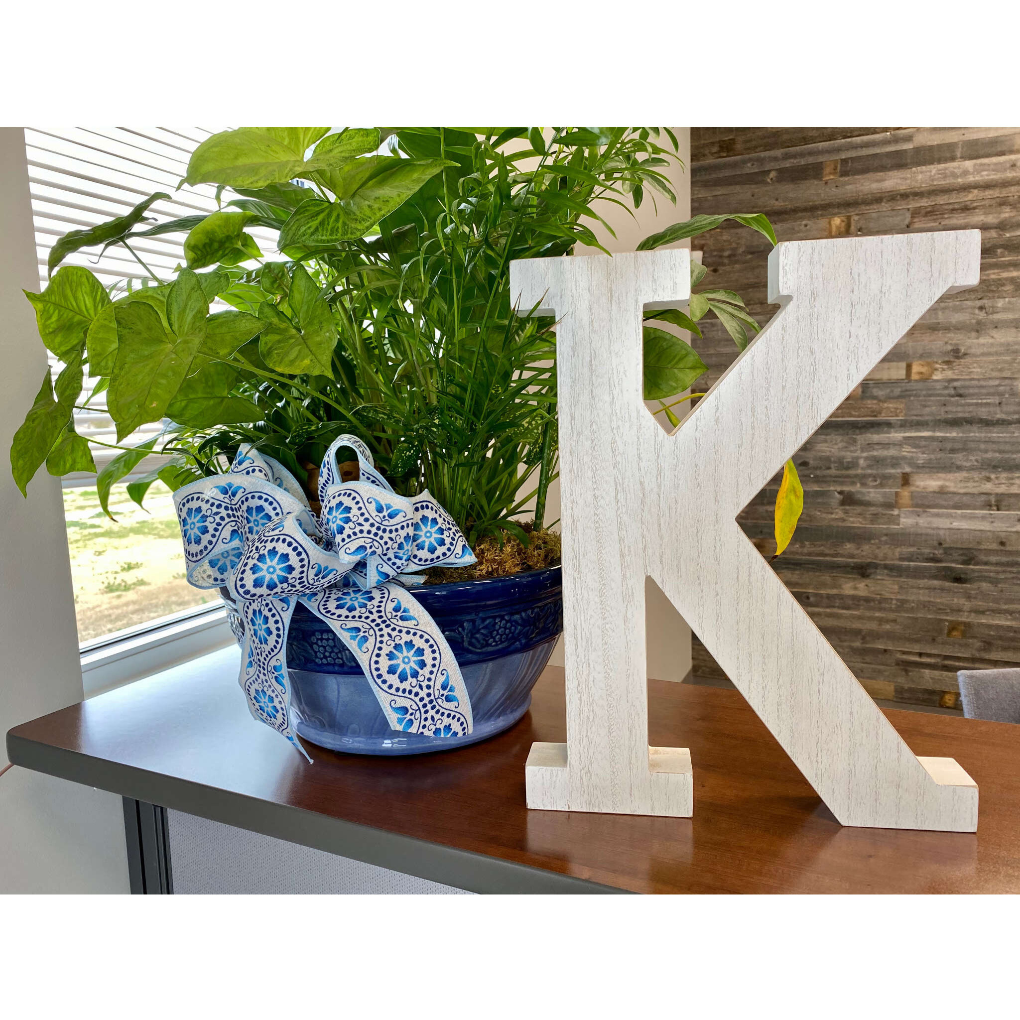 16" Distressed White Wash Wooden Initial Letter K Sculpture