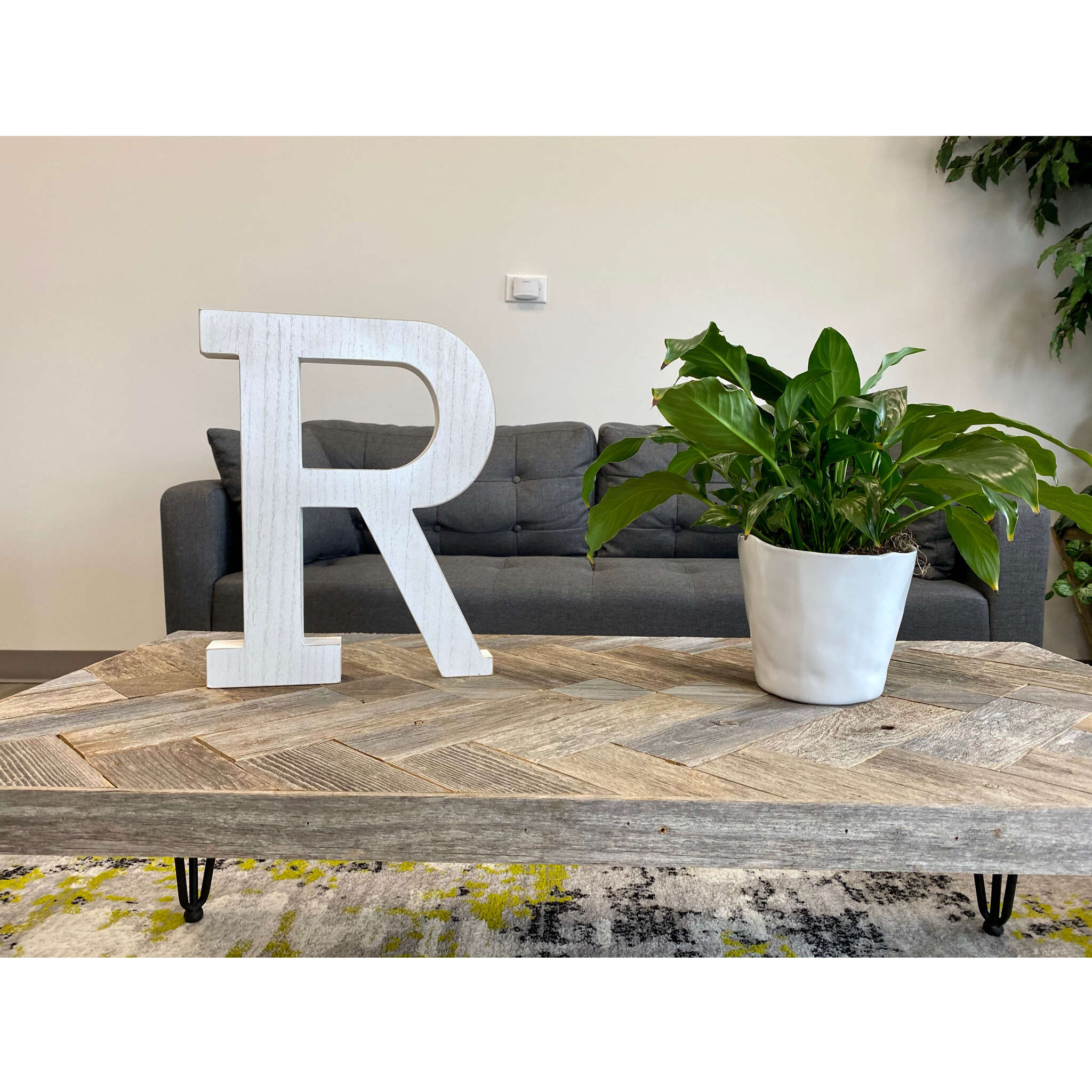 16" Distressed White Wash Wooden Initial Letter R Sculpture