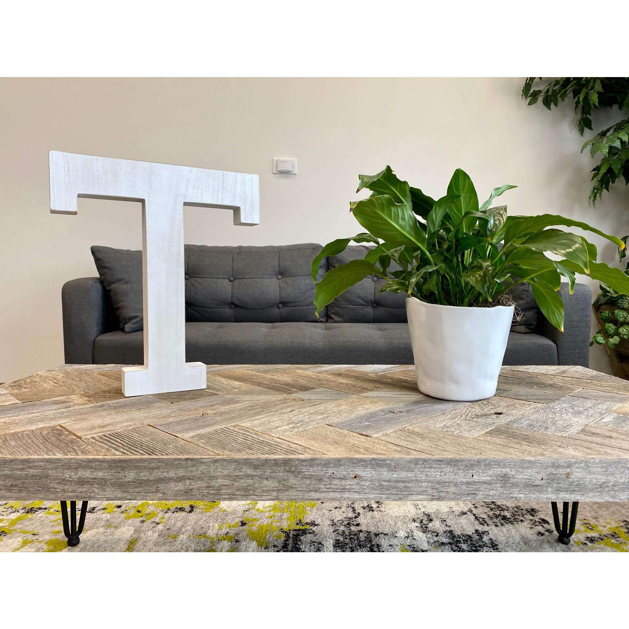 16" Distressed White Wash Wooden Initial Letter T Sculpture