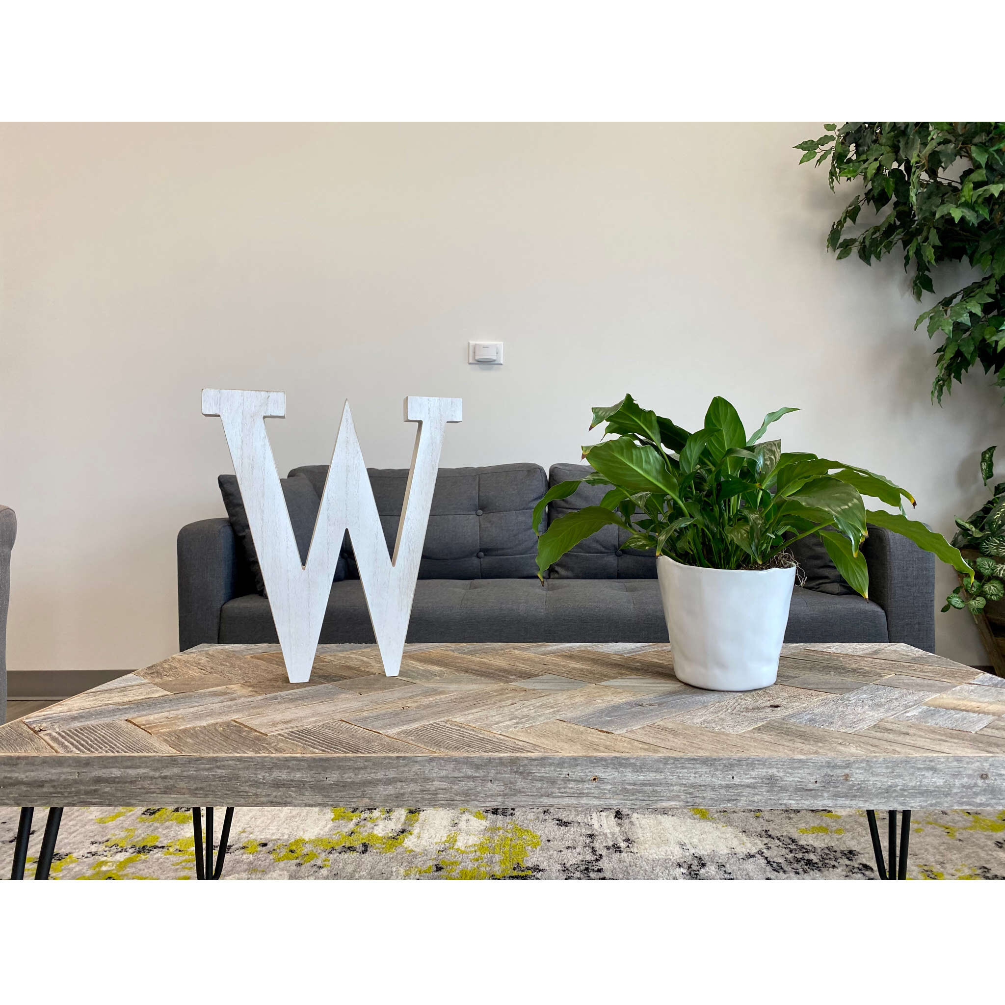 16" Distressed White Wash Wooden Initial Letter W Sculpture