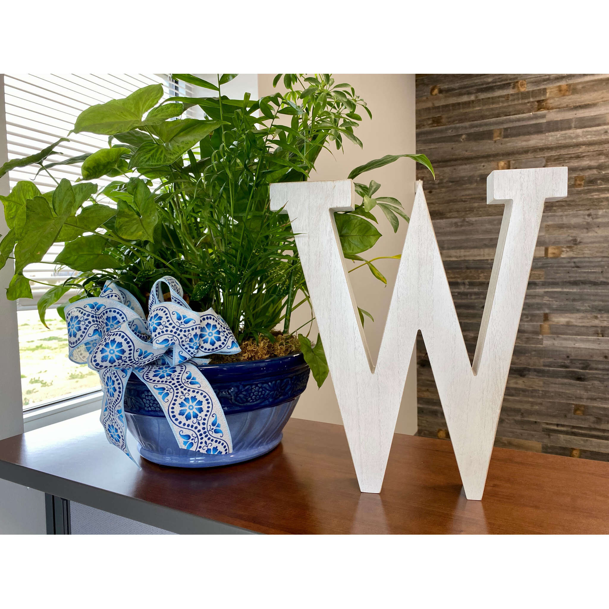16" Distressed White Wash Wooden Initial Letter W Sculpture