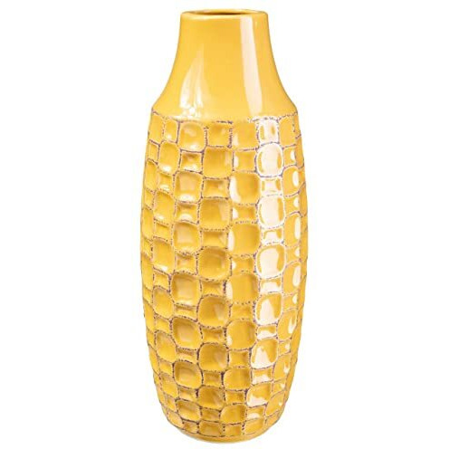 ceramic Tall Round Vase with Engraved Abstract Design Body gloss  Finish Mustard Yellow - Large