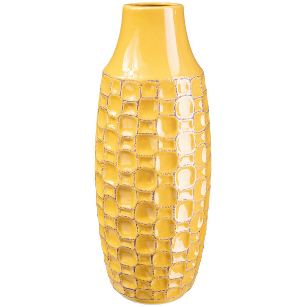 ceramic Tall Round Vase with Engraved Abstract Design Body gloss  Finish Mustard Yellow - Large