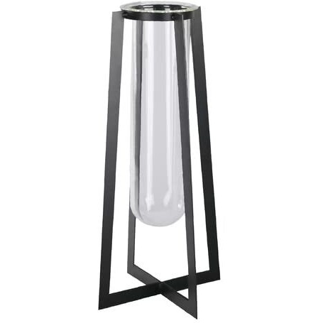 Metal Square Vase with Hanging clear Tube glass & Flaired Bottom&44 coated Black - Large
