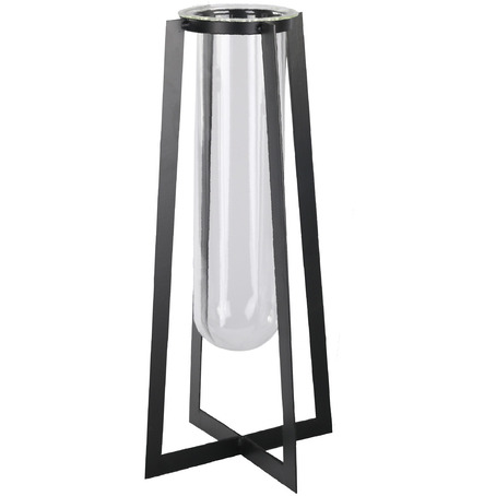 Metal Square Vase with Hanging clear Tube glass & Flaired Bottom&44 coated Black - Large