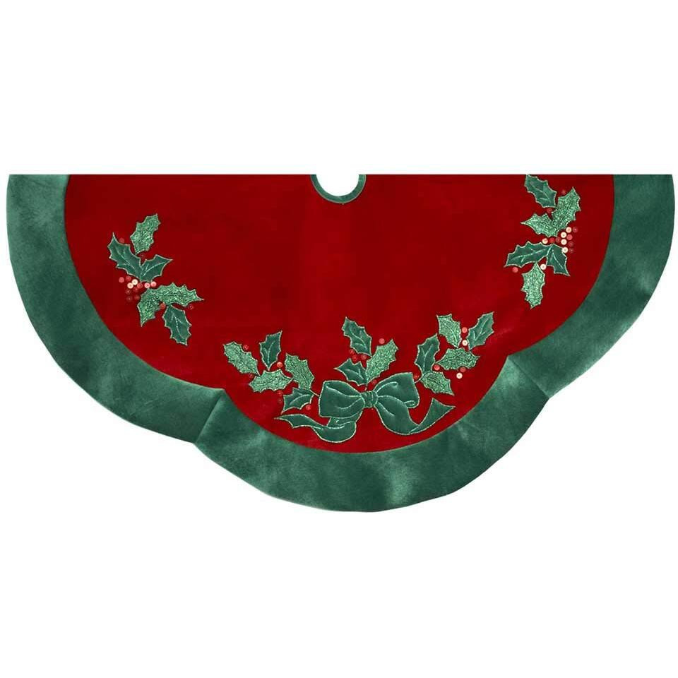 Kurt S Adler  Inc H5244 Kurt Adler 48 Velvet Red with green Leaves Applique Treeskirt