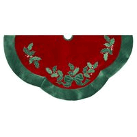 Kurt S Adler  Inc H5244 Kurt Adler 48 Velvet Red with green Leaves Applique Treeskirt