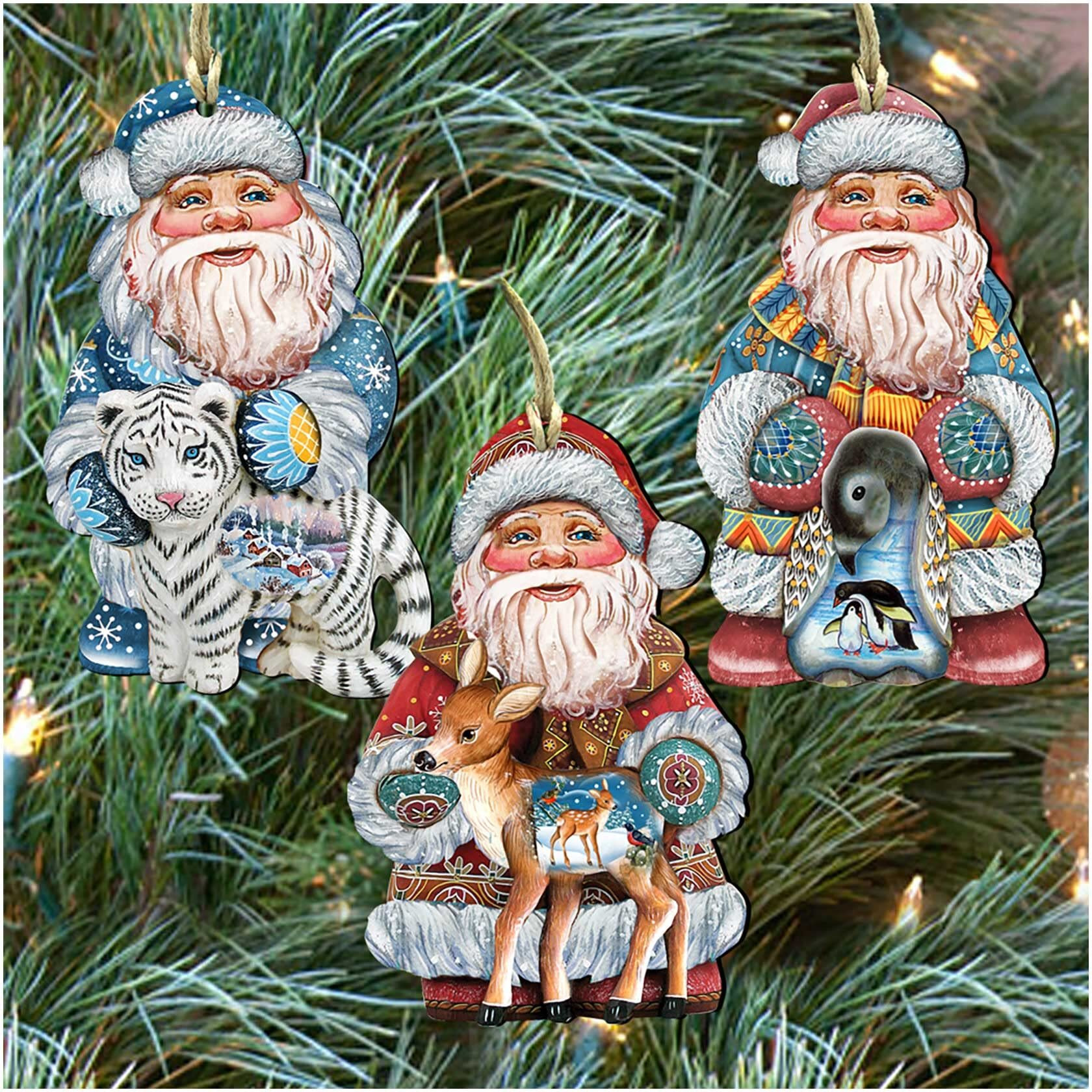 gDeBrekht 8100009S3 Wild Adventure Santa Wooden Ornaments - Set of 3