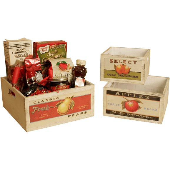 Wald Imports 8115-S3 Square Vintage Fruit Wood crates with Retro Fruit Artwork- Set of 3
