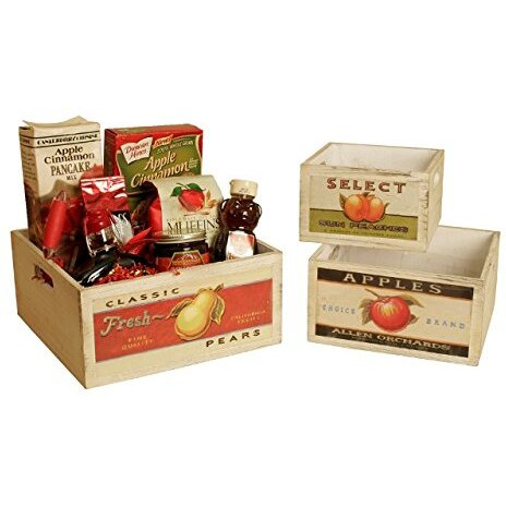 Wald Imports 8115-S3 Square Vintage Fruit Wood crates with Retro Fruit Artwork- Set of 3