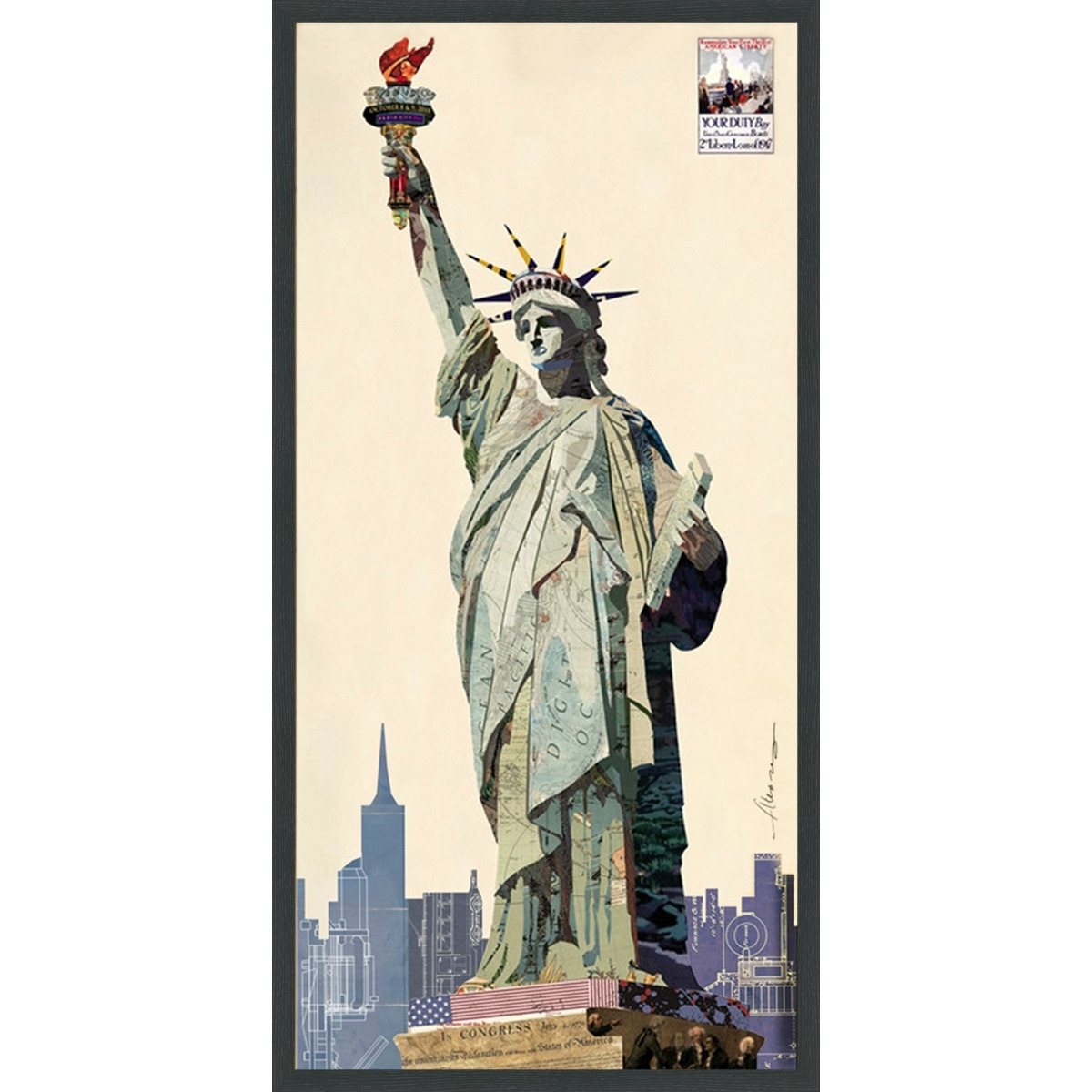 Empire Art Direct &aposLady Liberty&apos Alex Zeng&aposs dimensional collage&44under glass & a black shadow box frame