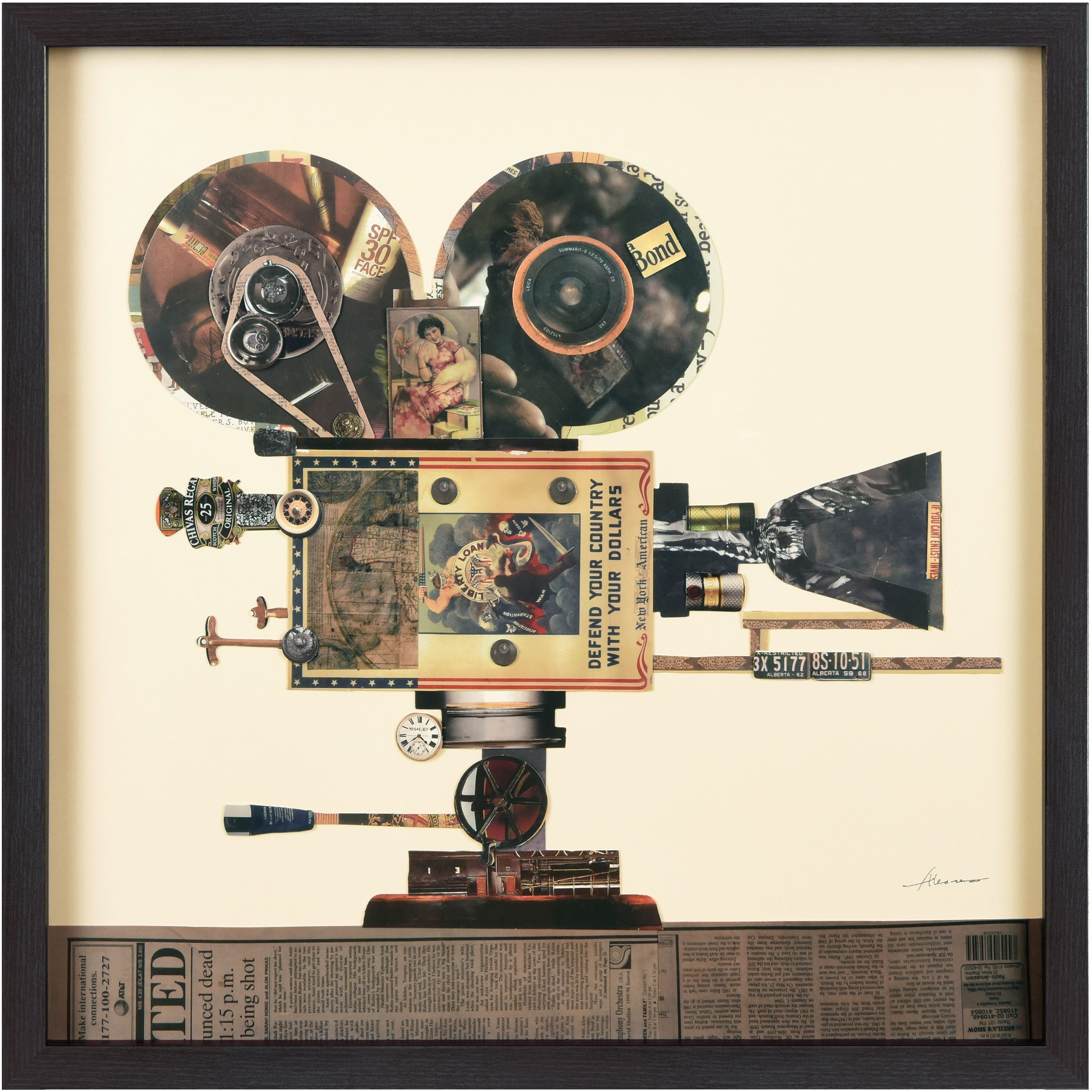 Empire Art Direct &aposAntique Film Projector&apos Alex Zeng&aposs dimensional collage&44under glass & a black shadow box frame