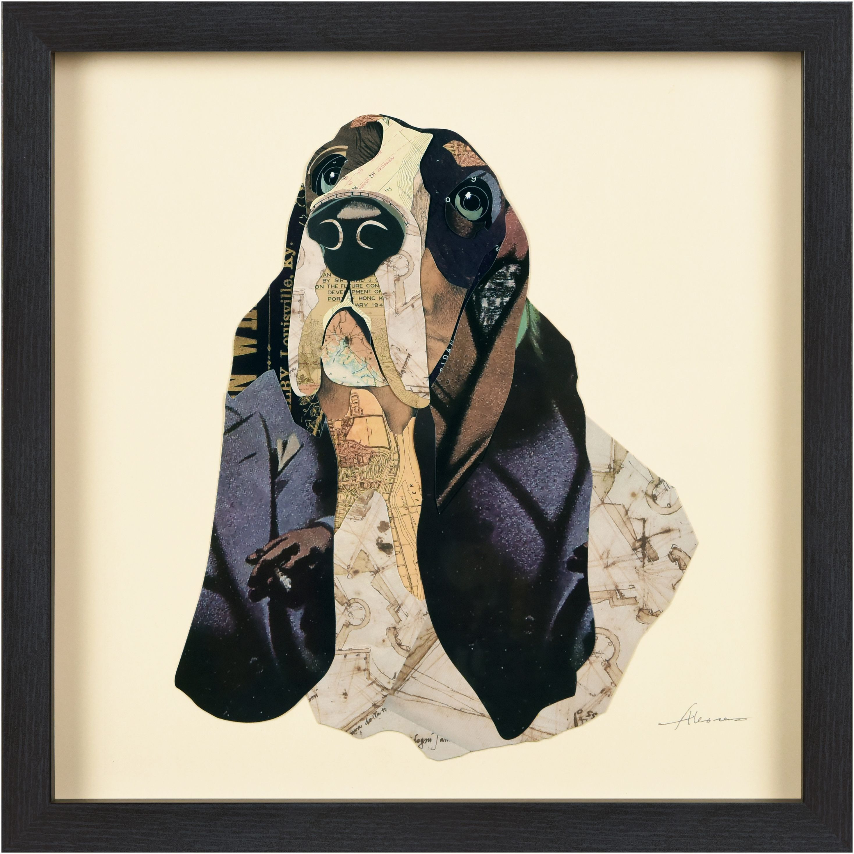 Empire Art Direct &aposBasset Hound&apos Alex Zeng&aposs dimensional collage&44under glass & a black shadow box frame