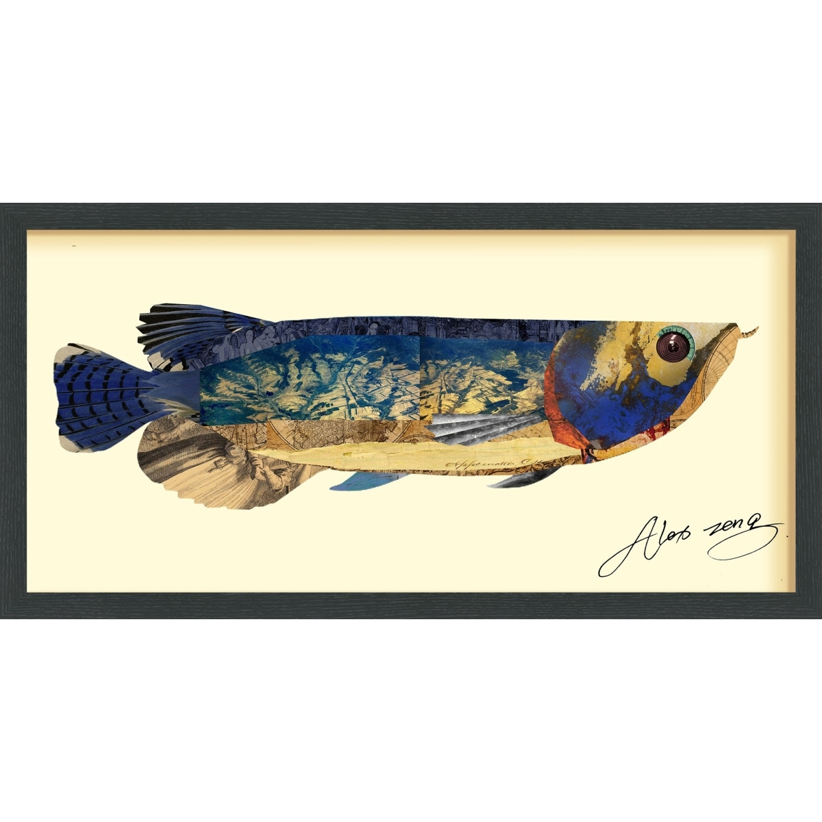 Empire Art Direct &aposArowana&apos Alex Zeng&aposs dimensional collage&44under glass & a black shadow box frame