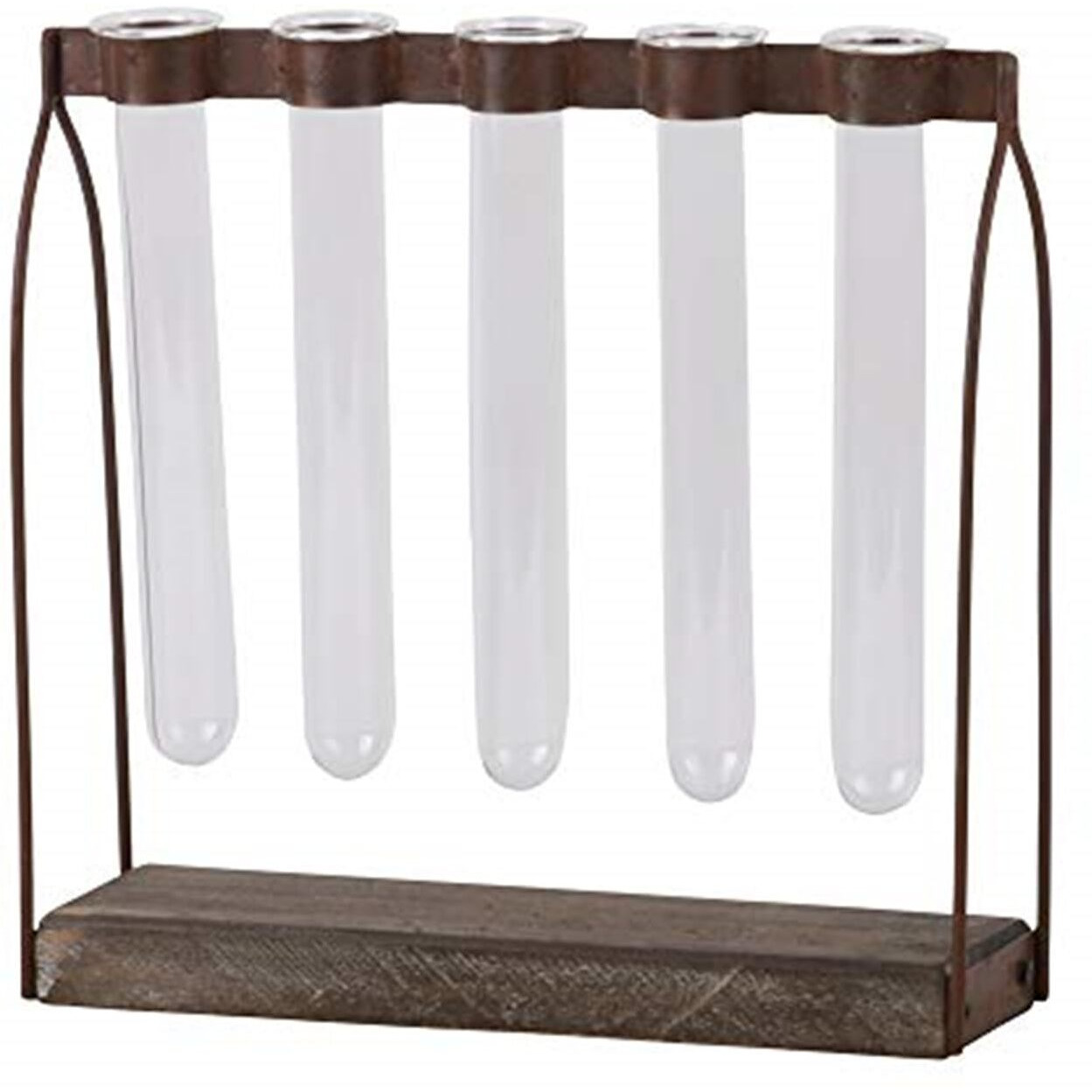 Urban Trends collection 55108 Metal clustered Hanging Bud Vase Holder with 5 glass Tube Vases on Rectangular Wood Base Tarnished Finish - Brown