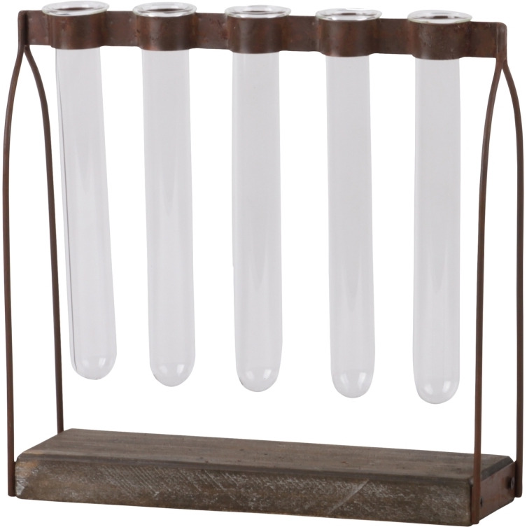 Urban Trends collection 55108 Metal clustered Hanging Bud Vase Holder with 5 glass Tube Vases on Rectangular Wood Base Tarnished Finish - Brown