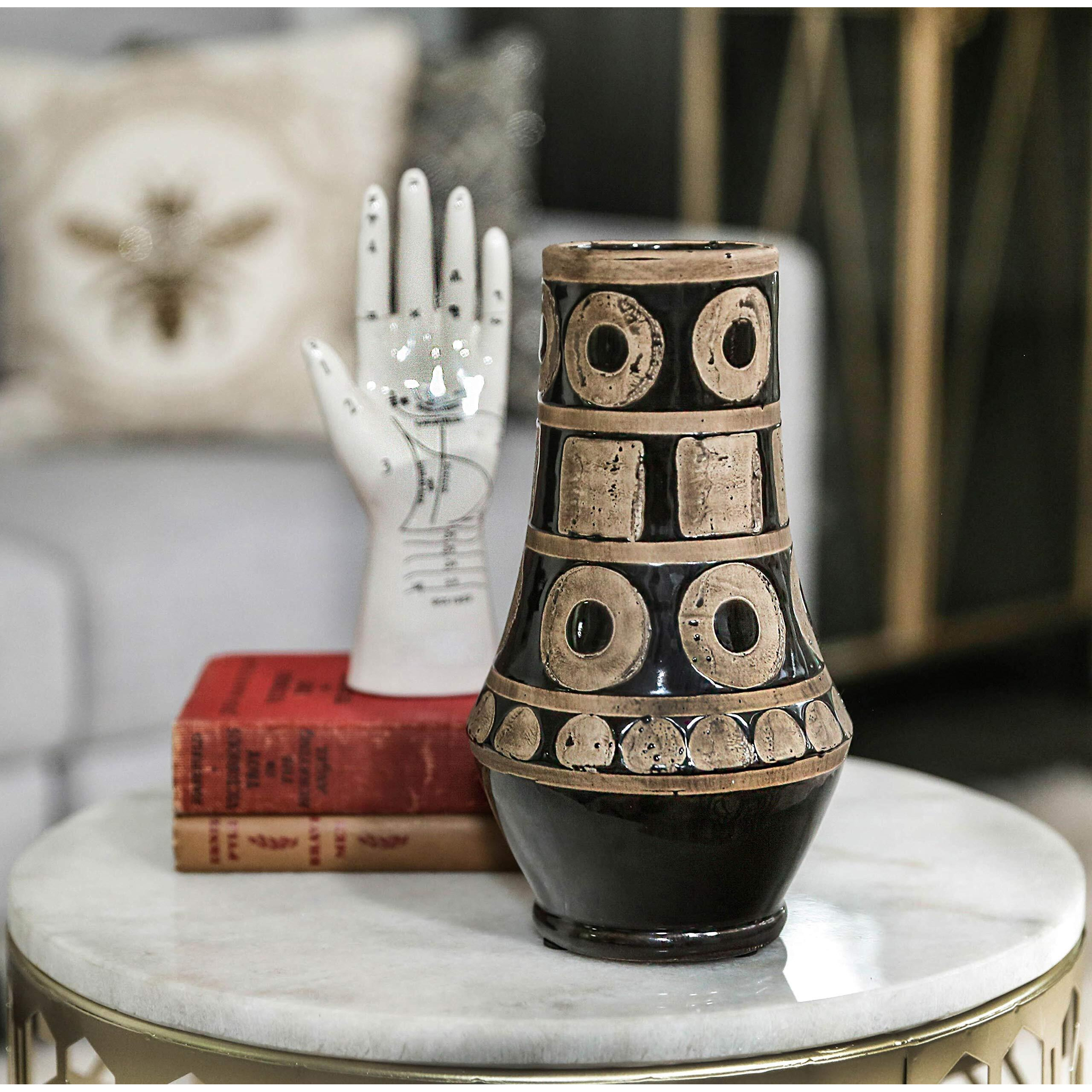 Urban Trends collection 41504 ceramic Round Vase with Narrow Mouth&44 Rough Tribal Shape Pattern Design Body & Tapered Bottom&44 gloss Finish - Black