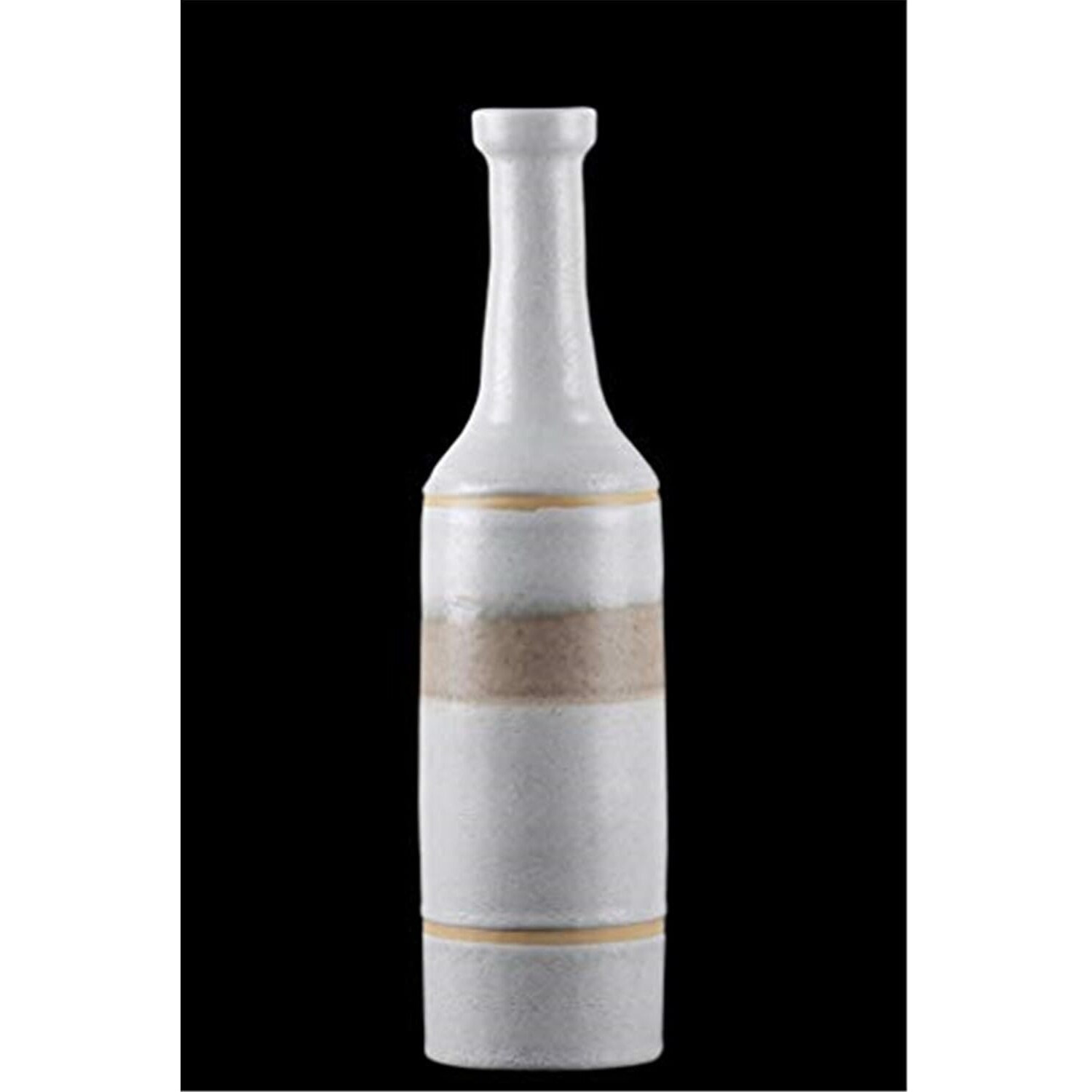 Urban Trends collection 46337 ceramic Round Bottle Vase with Long Neck & Painted Tan Banded Design Body&44 coated Finish&44 White - Medium