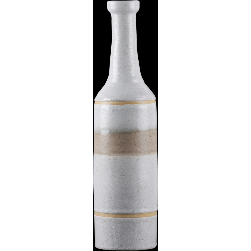 Urban Trends collection 46337 ceramic Round Bottle Vase with Long Neck & Painted Tan Banded Design Body&44 coated Finish&44 White - Medium