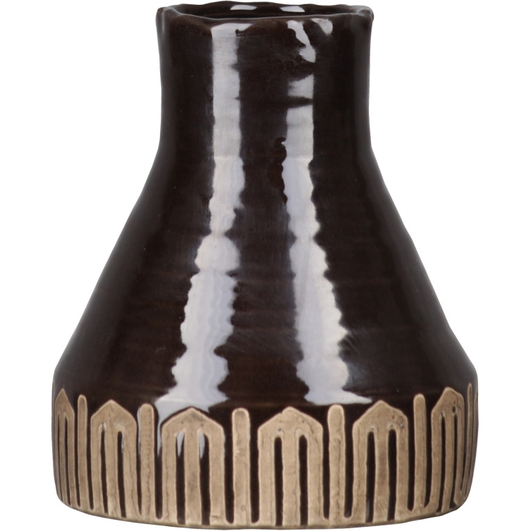 Urban Trends collection 41506 ceramic Round Vase with Irregular Narrow Lip & Banded Tribal Pattern Design Bottom&44 gloss Finish - Dark Brown