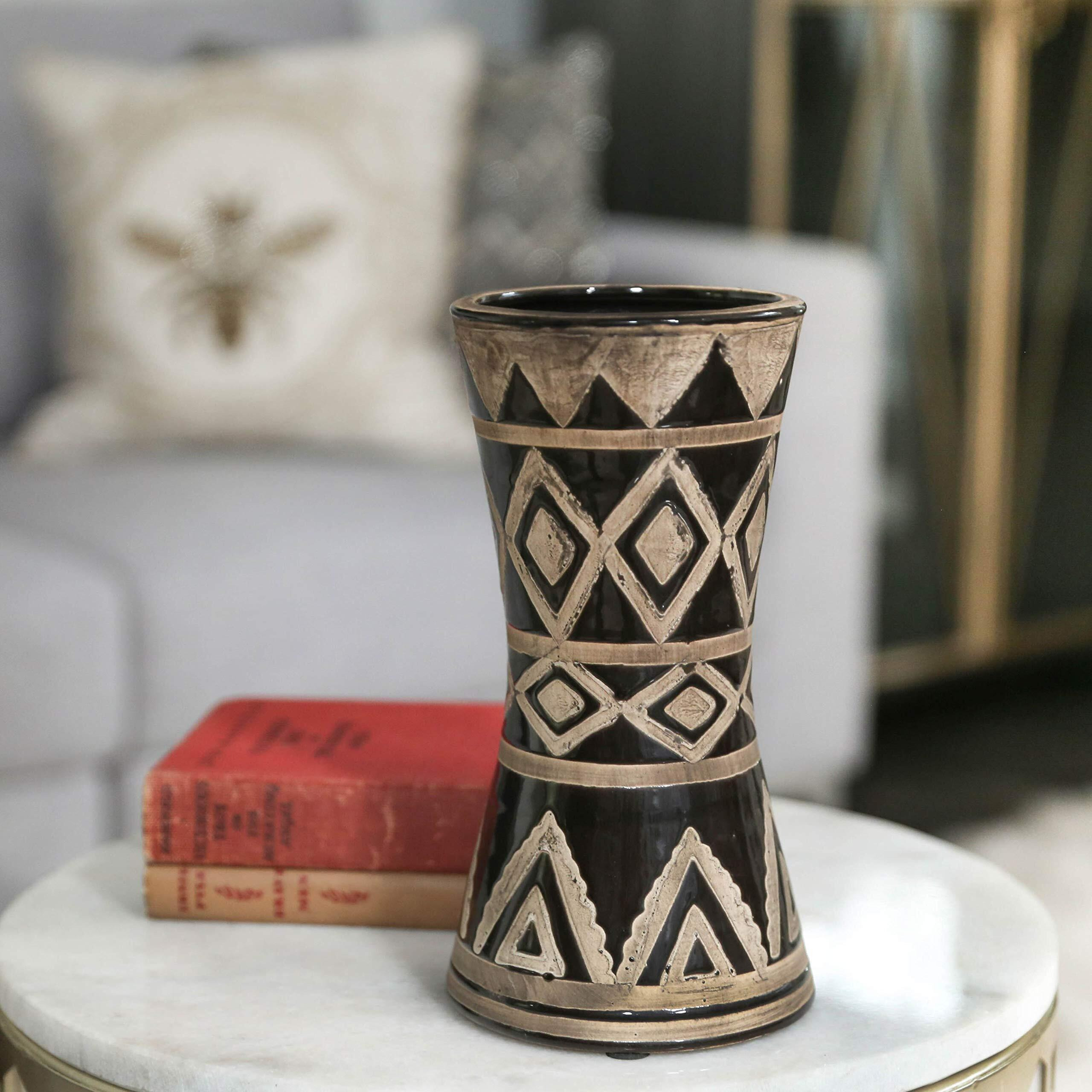 Urban Trends collection 41503 ceramic Round Vase with Trumpet Mouth Rough Tribal Shape Pattern Design Body & Flaired Bottom&44 Brown gloss Dark