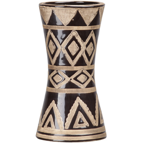 Urban Trends collection 41503 ceramic Round Vase with Trumpet Mouth Rough Tribal Shape Pattern Design Body & Flaired Bottom&44 Brown gloss Dark