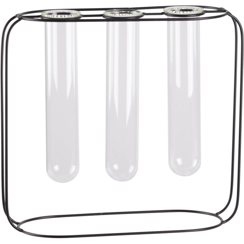 Urban Trends collection 59304 Metal clustered Hanging Bud Vase Holder with 3 Large glass Tube Vases on Round Stand  coated Finish - Black