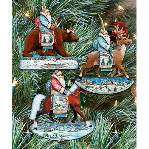 gDeBrekht 8100016S3 Riding Santa Wooden Ornaments - Set of 3