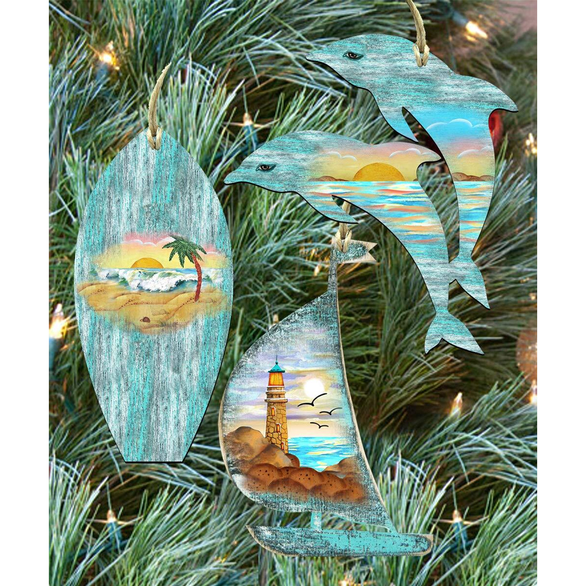gDeBrekht 8100048S3 Sailboat&44 Dolphins & Surfboard coastal Ornament Set