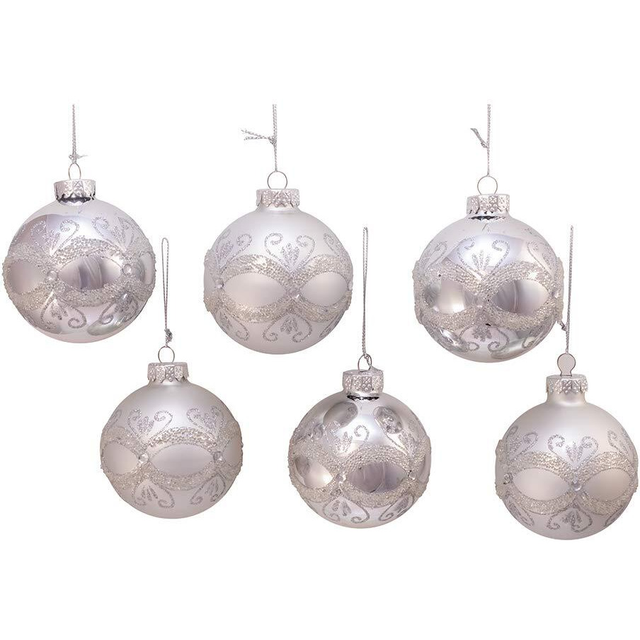 Kurt S Adler gg0869 80 mm Silver with glitter & Sequins glass Ball Ornaments&44 6 Piece