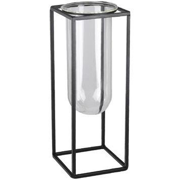 Urban Trends collection 59314 Metal Square Vase with Hanging clear Tube glass  coated Black - Small