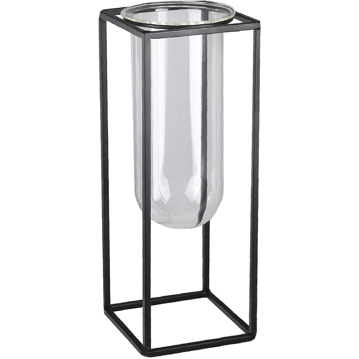 Urban Trends collection 59314 Metal Square Vase with Hanging clear Tube glass  coated Black - Small