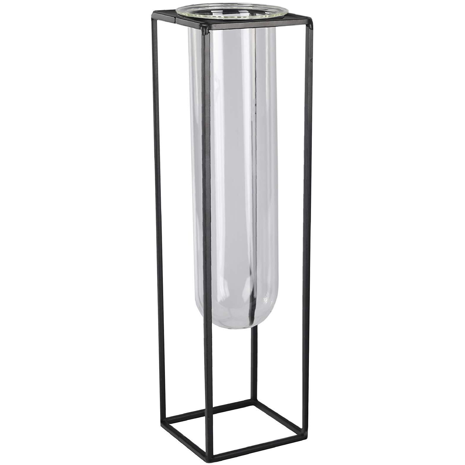 Urban Trends collection 59315 Metal Square Vase with Hanging clear Tube glass  coated Black - Large
