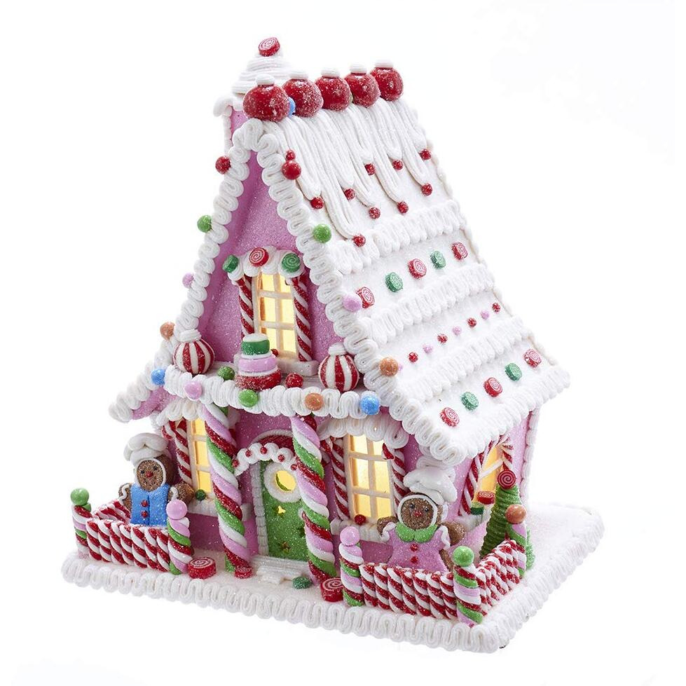 Kurt S Adler gBJ0003 10 in Pink Battery-Operated candy LED gingerbread House Table