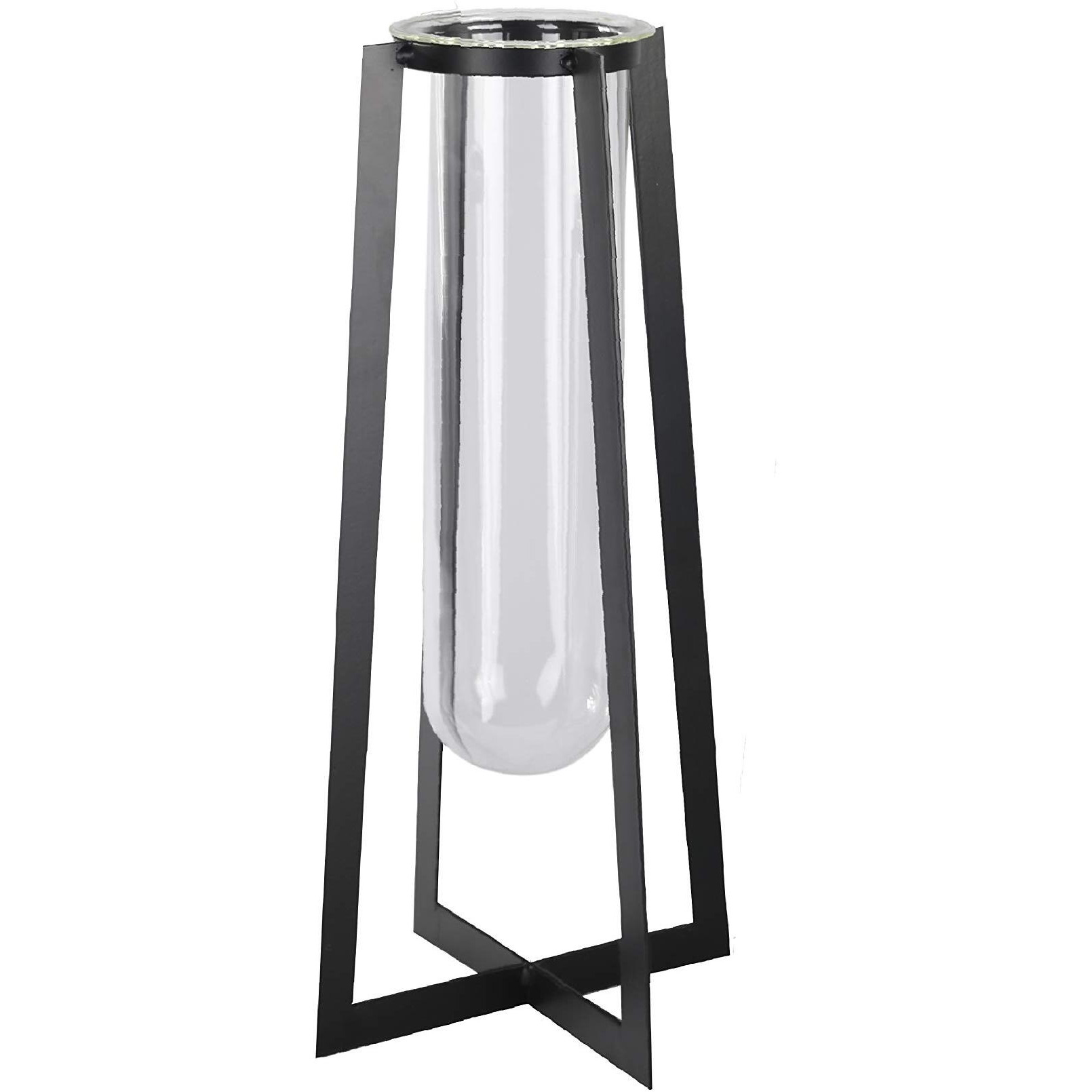 Urban Trends collection 59317 Metal Square Vase with Hanging clear Tube glass & Flaired Bottom&44 coated Black - Large