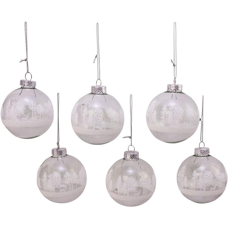 Kurt S Adler gg0889 80 mm clear with White Tree Design glass Ball Ornaments  6 Piece