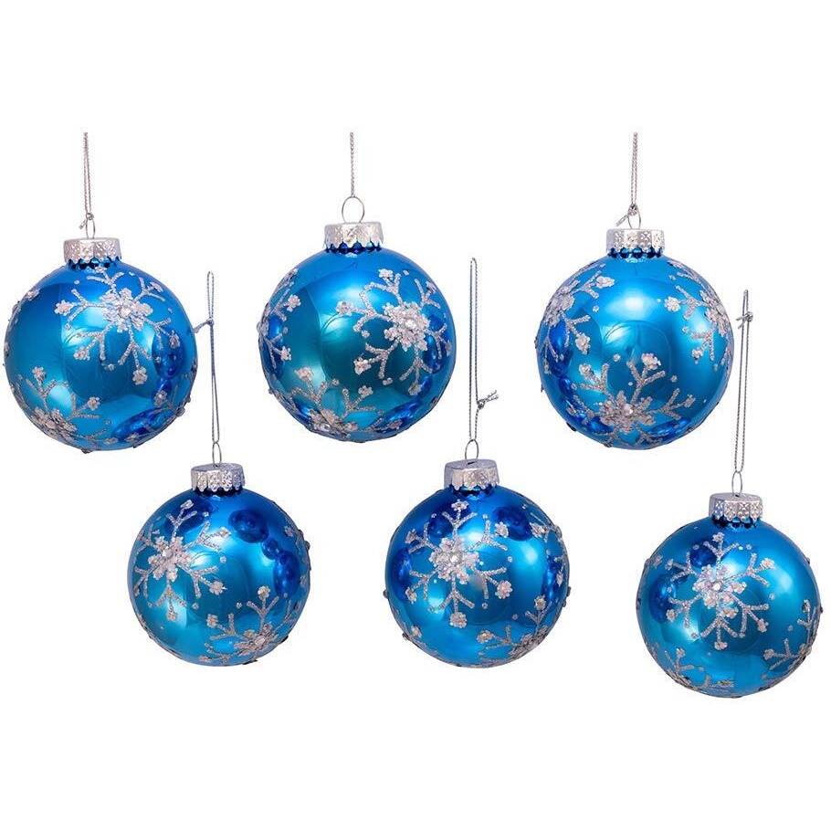 Kurt S Adler gg0888 80 mm Blue & Silver glitter Snowflake glass Ball Ornaments&44 6 Piece