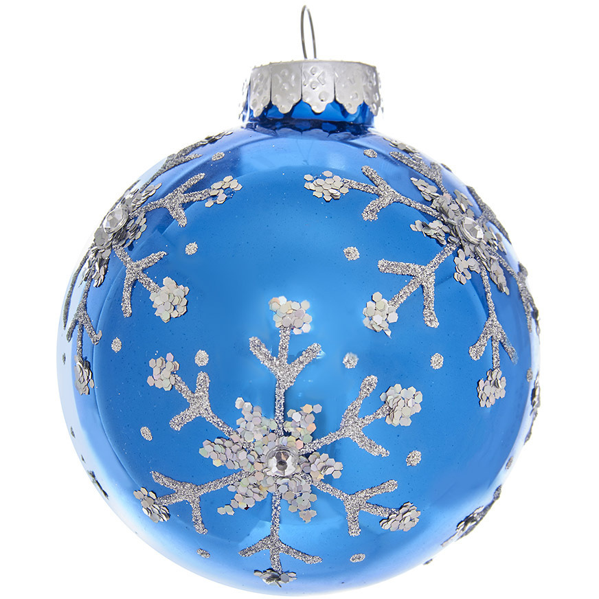 Kurt S Adler gg0888 80 mm Blue & Silver glitter Snowflake glass Ball Ornaments&44 6 Piece